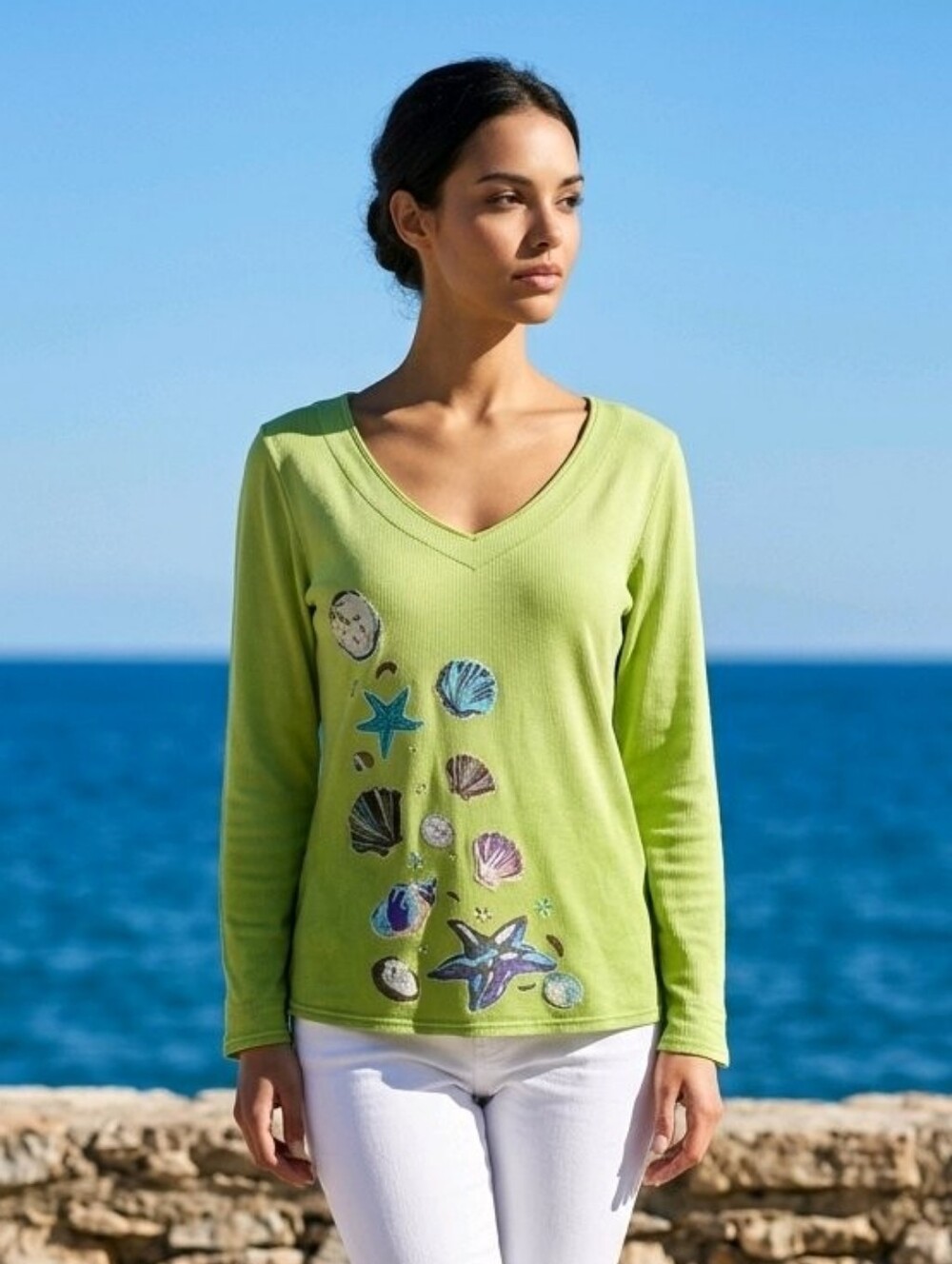 Sun Bay Missy Women's Lime Green V-neck Long Sleeve Seashell Sweatshirt Size M